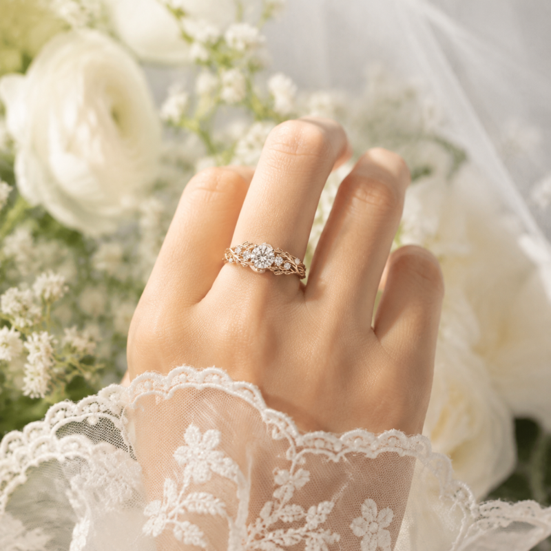 Anillo de compromiso personalizado de inspiración vintage con diamante cultivado en laboratorio, talla redonda, oro de 18 quilates.-2