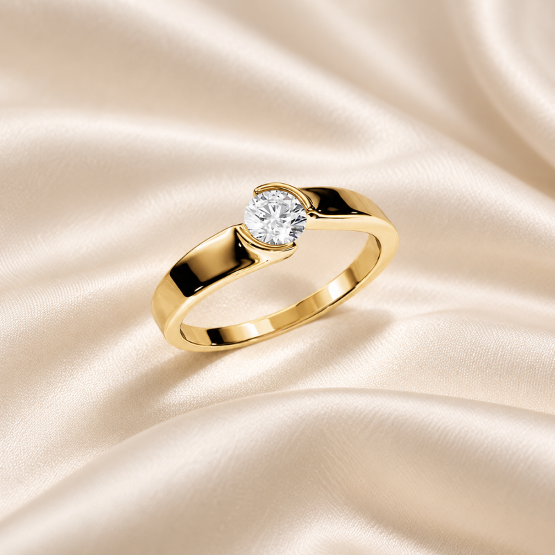 Anillo de compromiso solitario de oro de 10 quilates con diamante cultivado en laboratorio de talla redonda y engaste a tensión.-4