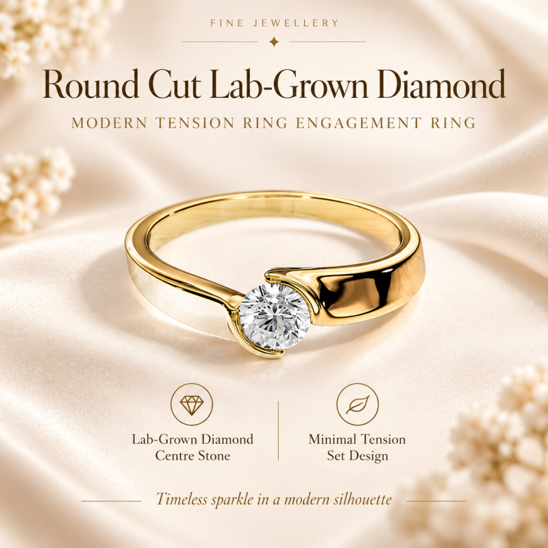 Anillo de compromiso solitario de oro de 10 quilates con diamante cultivado en laboratorio de talla redonda y engaste a tensión.-5