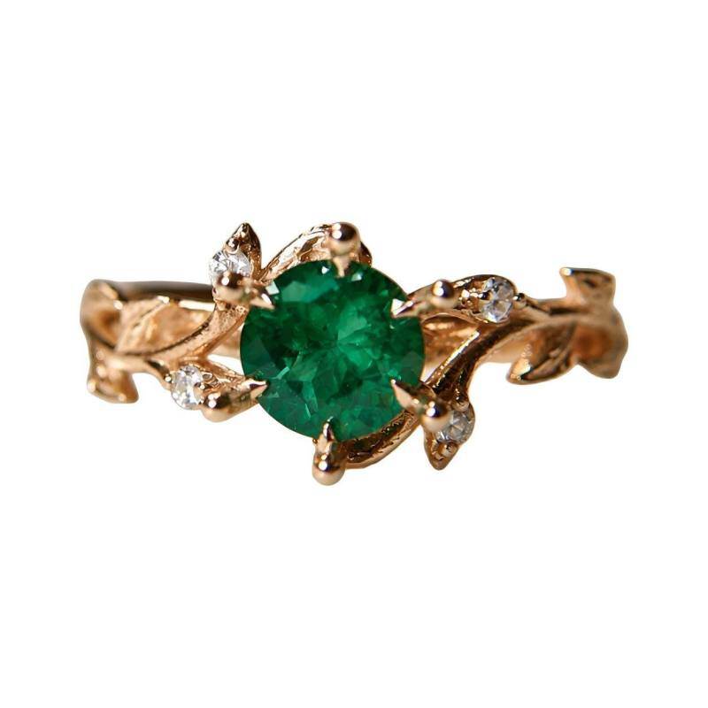 10K Gold Round Cut Lab-Grown Emerald & Lab-Grown Diamond Custom Nature Inspired Engagement Ring-4