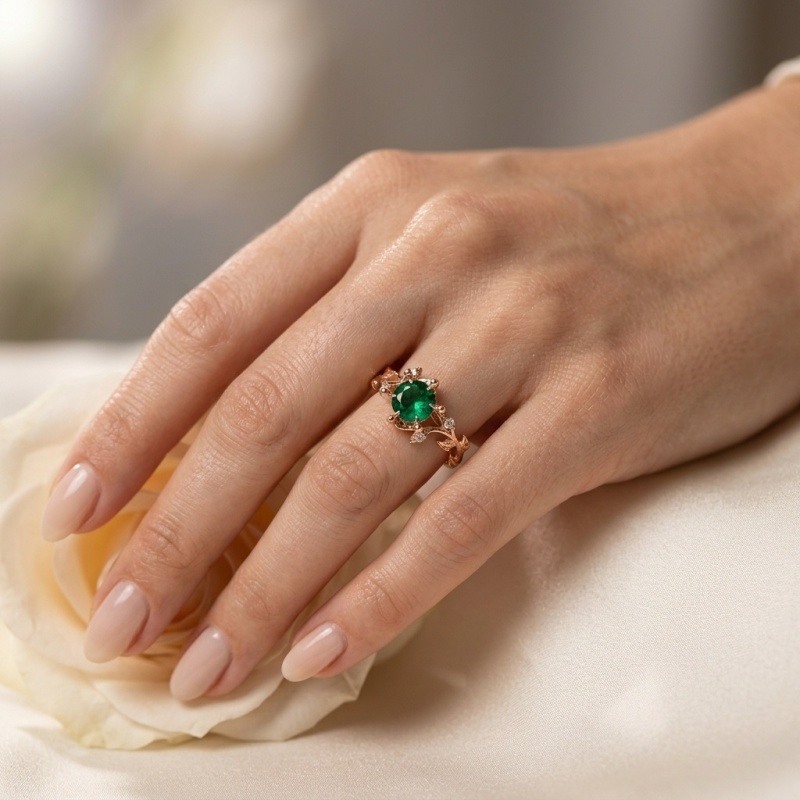 Anillo de compromiso personalizado inspirado en la naturaleza, de oro de 18 quilates con esmeralda redonda cultivada en laboratorio y diamante cultivado en laboratorio.-2