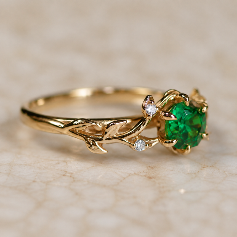 Anillo de compromiso personalizado inspirado en la naturaleza, de oro de 18 quilates con esmeralda redonda cultivada en laboratorio y diamante cultivado en laboratorio.-3