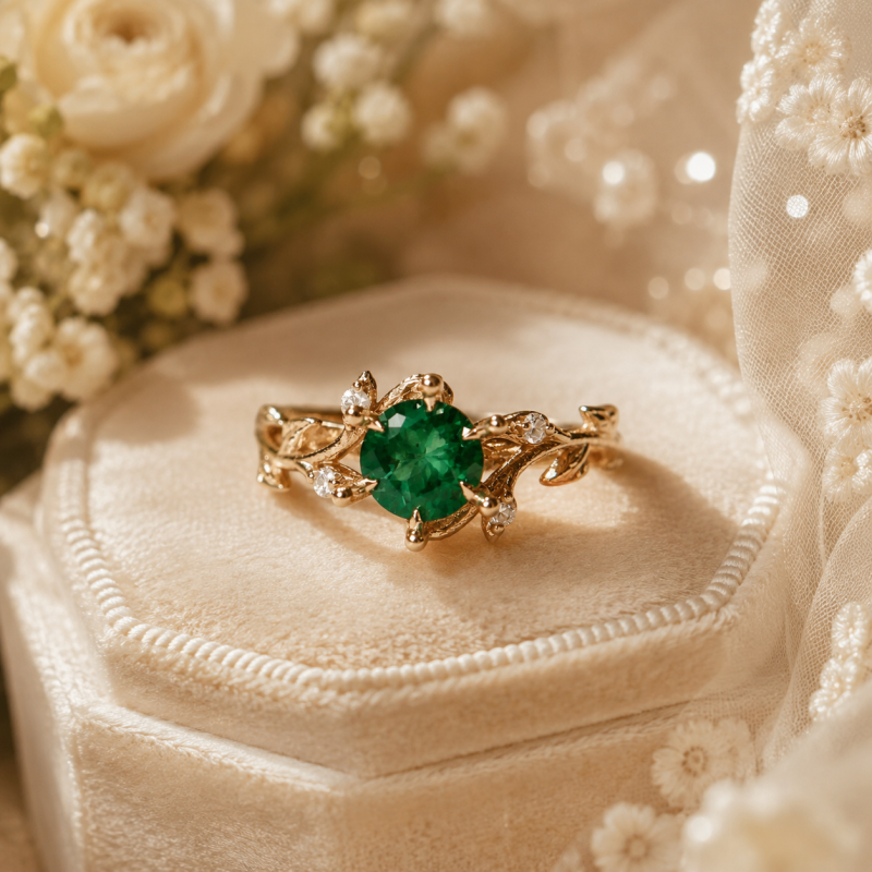 Anillo de compromiso personalizado inspirado en la naturaleza, de oro de 18 quilates con esmeralda redonda cultivada en laboratorio y diamante cultivado en laboratorio.-4