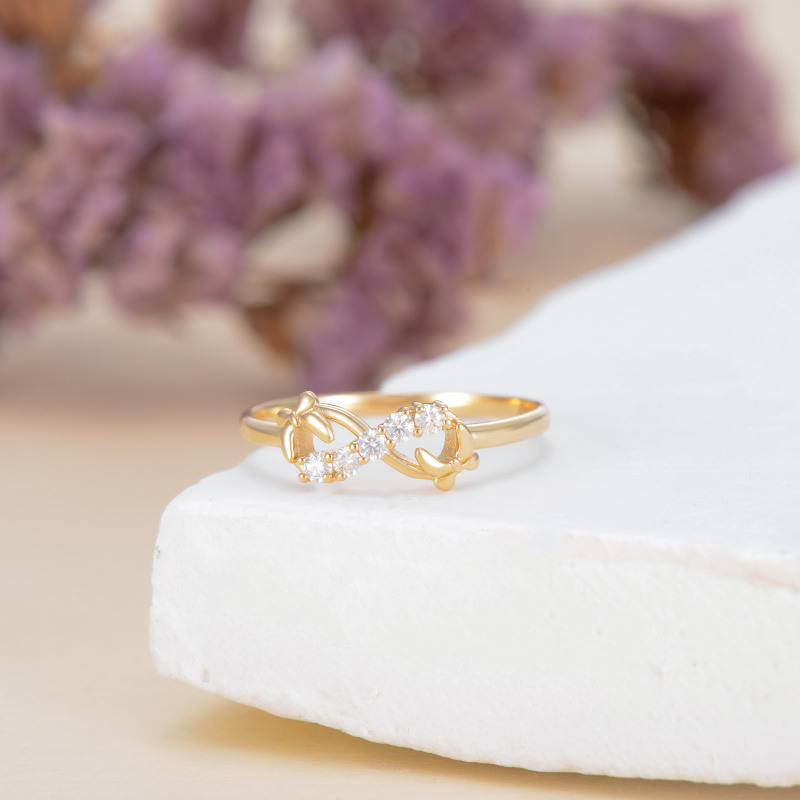 10K Gold Round Cut Moissanite Bow & Infinity Symbol Sidestone Rings-3