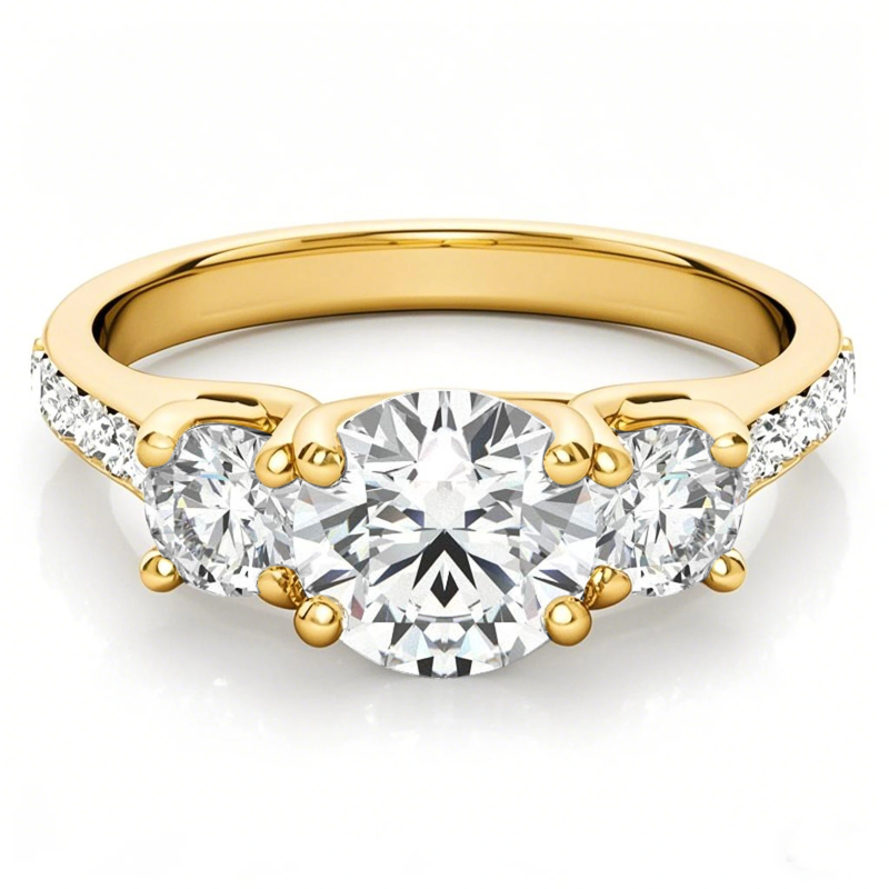 Anillo de compromiso de tres piedras con moissanita redonda de oro de 14 quilates-1
