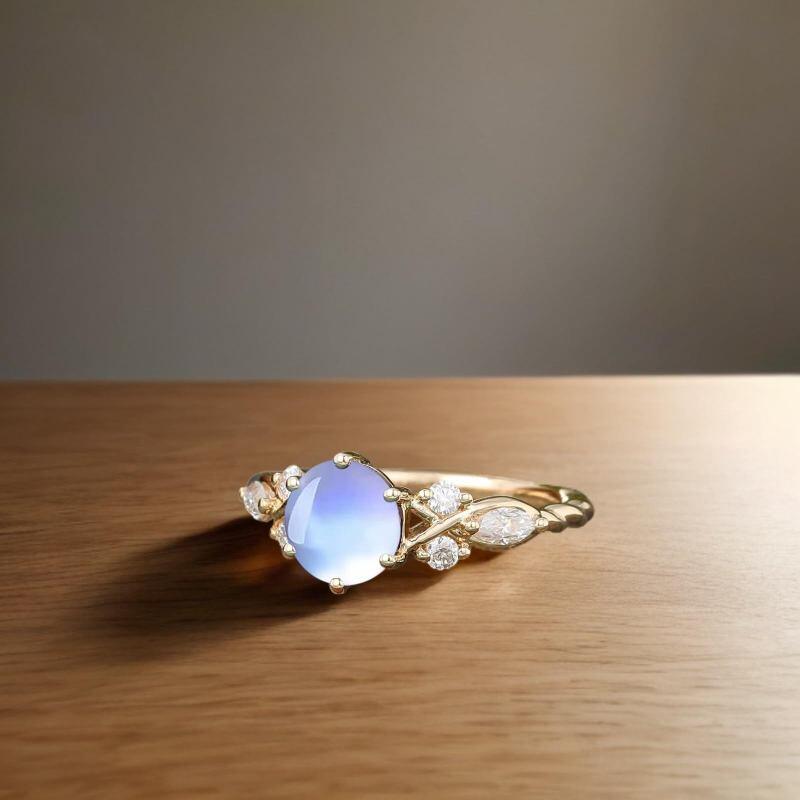 14K Gold Round Cut Moissanite & Moonstone Engagement Ring-4