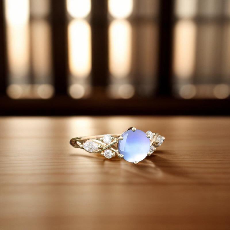 14K Gold Round Cut Moissanite & Moonstone Engagement Ring-5