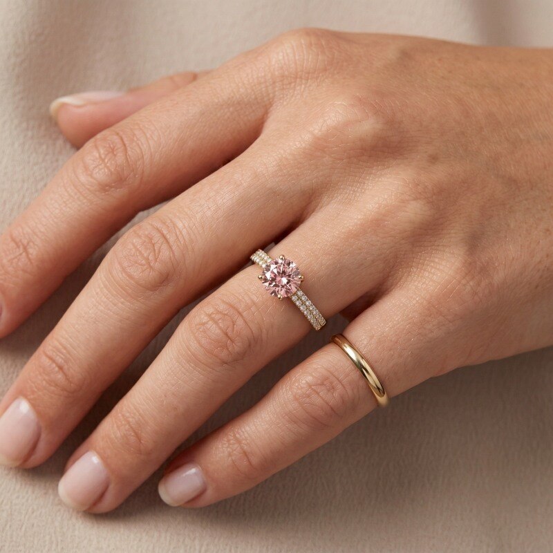 14K Gold Round Cut Moissanite & Morganite Engagement Ring for Women-2