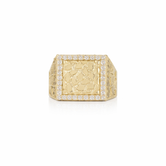 Anillo de compromiso para hombre con pepita de moissanita de corte redondo en oro de 14 quilates