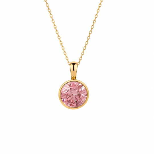 Collar solitario con diamante rosa cultivado en laboratorio, talla redonda, engastado en bisel, de oro de 14 quilates.