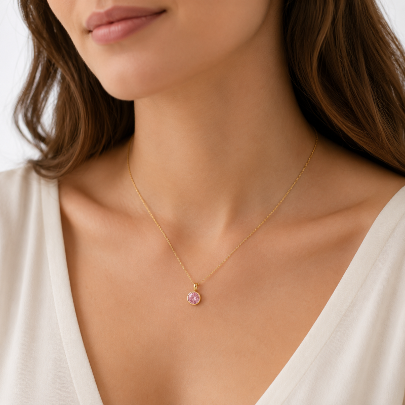 Collar solitario con diamante rosa cultivado en laboratorio, talla redonda, engastado en bisel, de oro de 14 quilates.-2