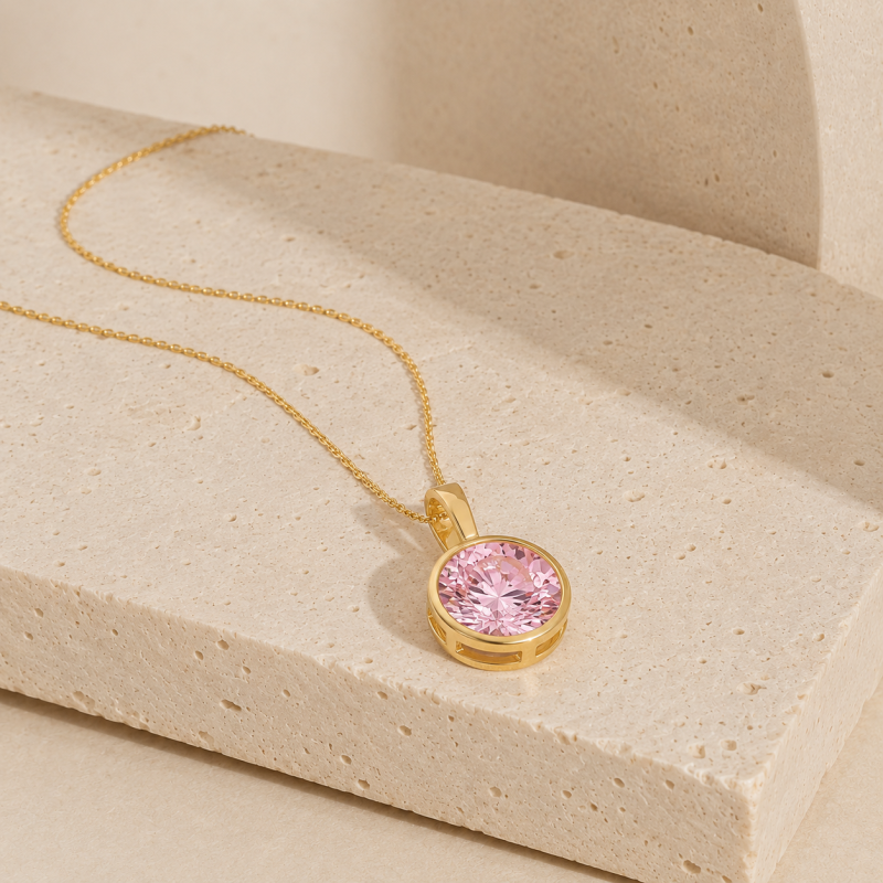 Collar solitario con diamante rosa cultivado en laboratorio, talla redonda, engastado en bisel, de oro de 14 quilates.-3