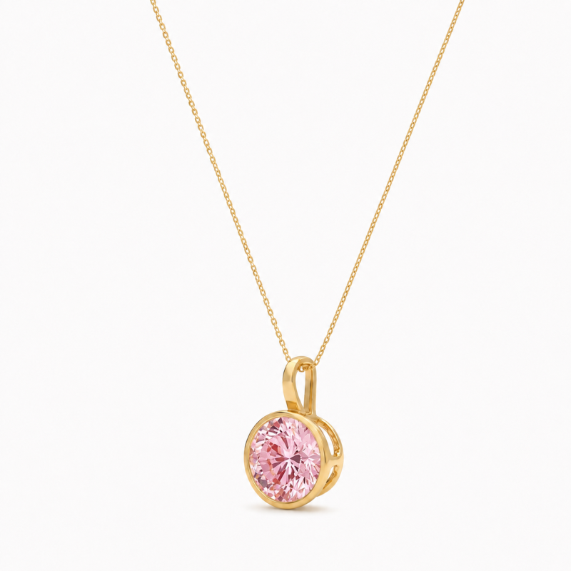 Collar solitario con diamante rosa cultivado en laboratorio, talla redonda, engastado en bisel, de oro de 14 quilates.-4