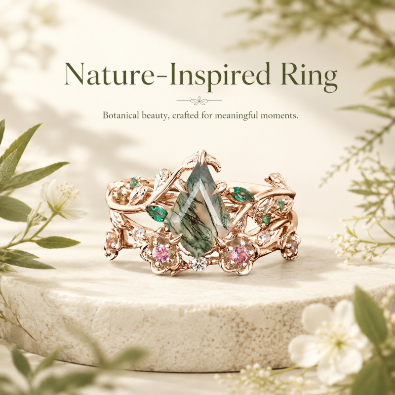 10K Rose Gold 1 to 6 CT Kite Cut Moss Agate Flower Of Life Natural Inspired Bridal Set-7