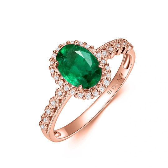 Anillo de compromiso personalizado con halo de esmeralda cultivada en laboratorio de talla ovalada en oro rosa de 14 quilates