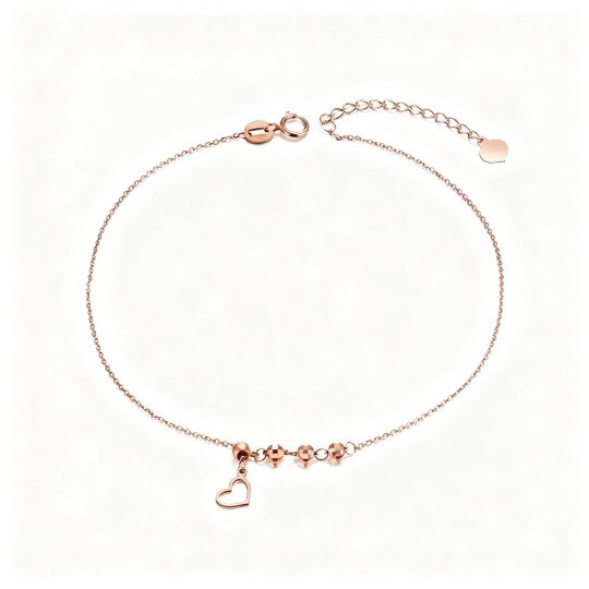 Bracelet de cheville à une seule rangée avec perle et pendentif en forme de cœur en or rose 10 carats