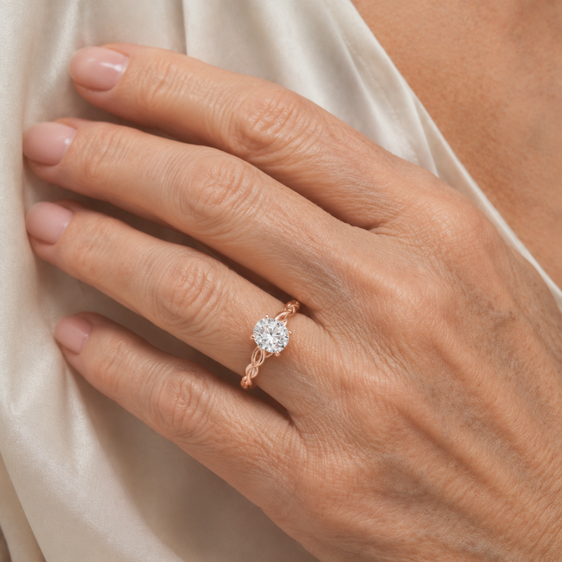 Bague de fiançailles personnalisée en or rose 10 carats avec diamant ovale de laboratoire, inspirée par la nature.-2