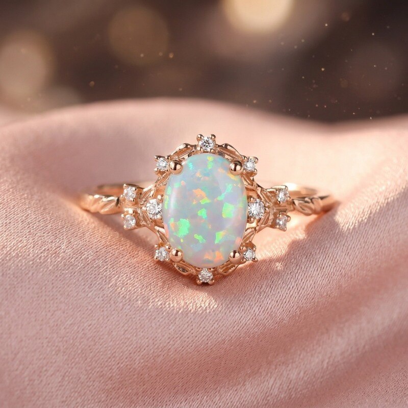 18K Rose Gold Oval Cut Opal Engagement Ring-3