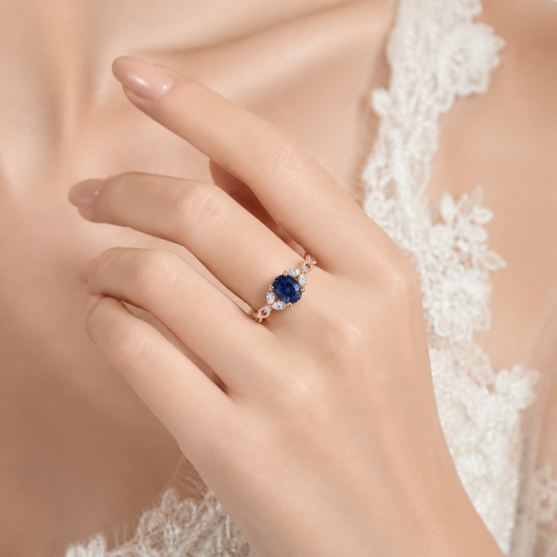 Bague de fiançailles personnalisée en or rose 18 carats, topaze ovale et diamant de laboratoire, inspirée par la nature-2