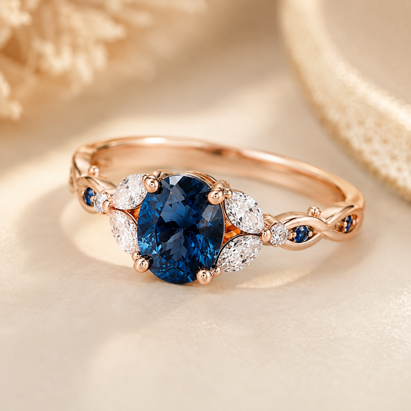 Bague de fiançailles personnalisée en or rose 18 carats, topaze ovale et diamant de laboratoire, inspirée par la nature-3