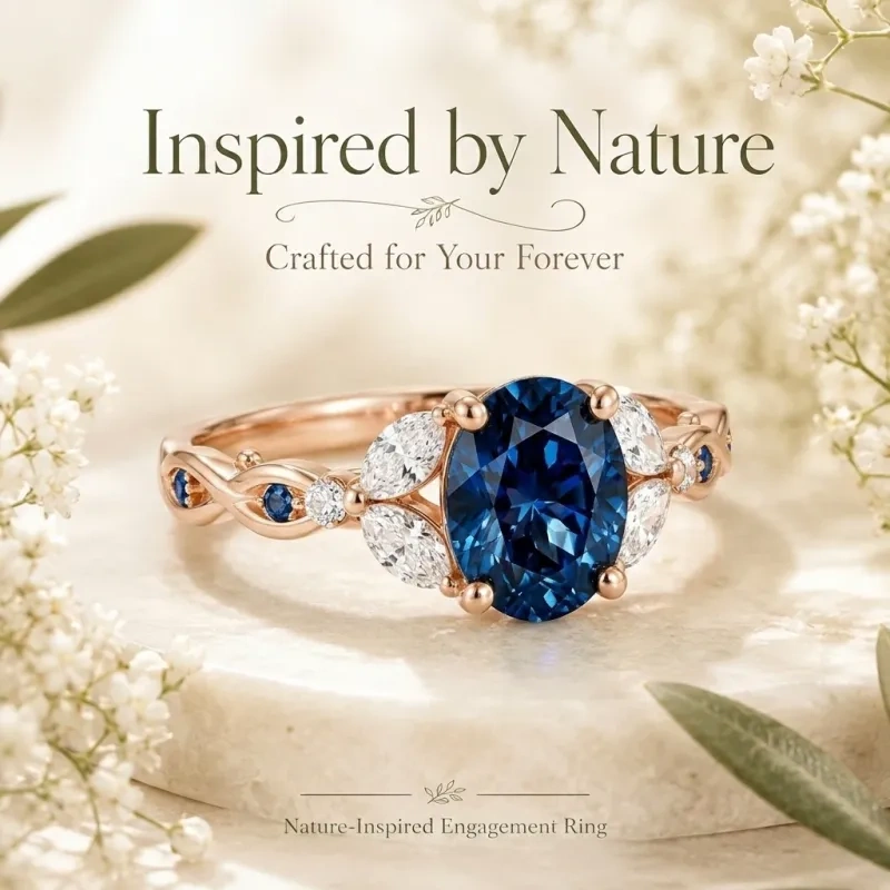 Bague de fiançailles personnalisée en or rose 18 carats, topaze ovale et diamant de laboratoire, inspirée par la nature-4