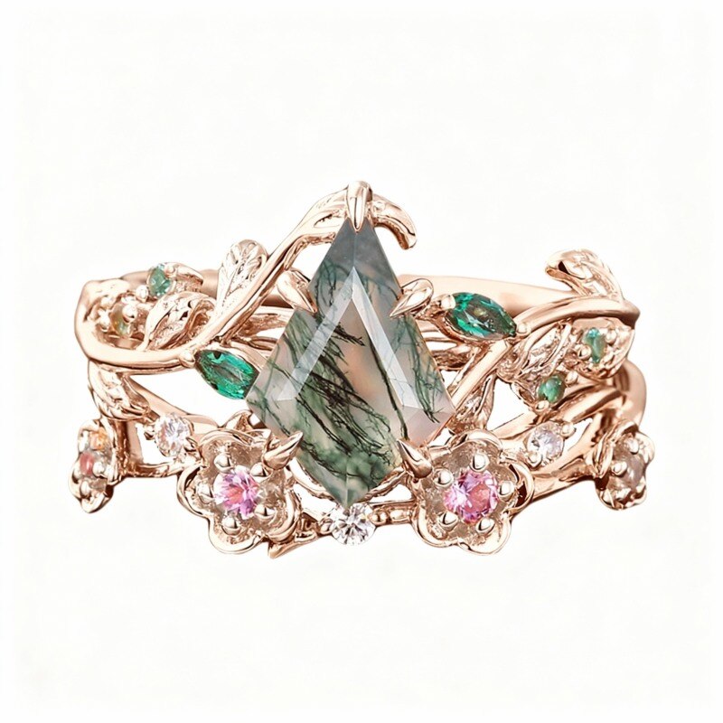 10K Rose Gold 1 to 6 CT Kite Cut Moss Agate Flower Of Life Natural Inspired Bridal Set-1