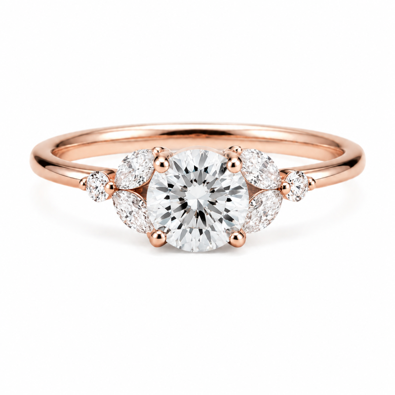Bague de fiançailles personnalisée en or rose 10 carats avec diamant rond de laboratoire, inspirée par la nature-11