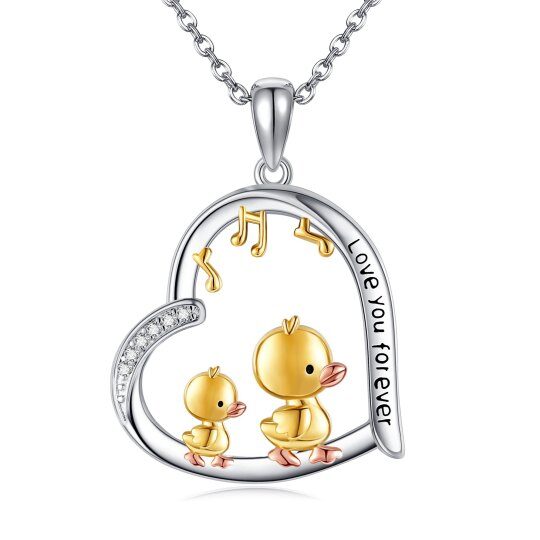 Подвеска из серебра 14K, золота и розового золота с муассанитами в виде утки, сердца и музыкального символа.