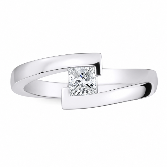 Verlovingsring voor dames, 14 karaat witgoud, met een 0,4 karaat prinsesgeslepen, laboratoriumgekweekte diamant in een spanningszetting.