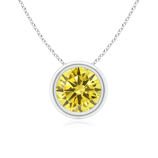 Collar con engaste de bisel de oro blanco de 14 quilates con diamante amarillo cultivado en laboratorio de talla redonda de 1 quilate.
