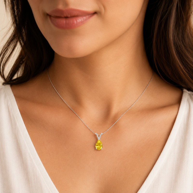 Collar solitario de oro blanco de 14 quilates con diamante amarillo cultivado en laboratorio de 1 quilate en forma de pera.-2