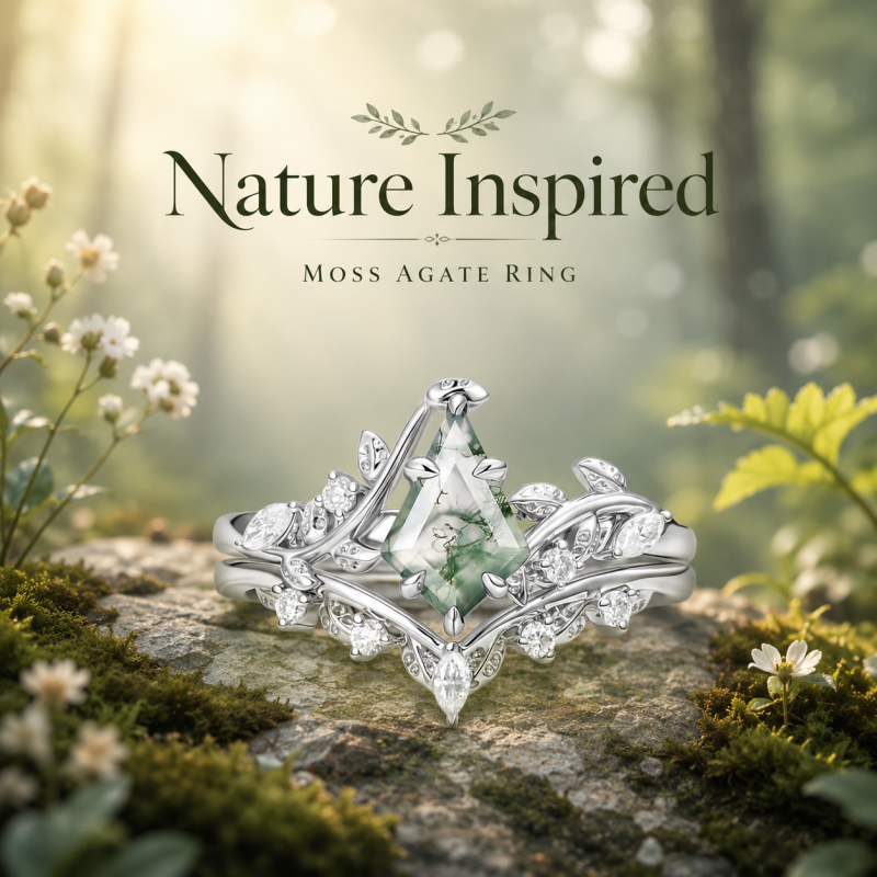 14K White Gold 1 to 6 CT Kite Cut Moss Agate Leaves Natural Inspired Engagement Ring-6