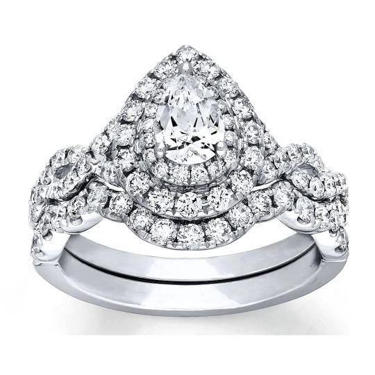 Juego Nupcial de Oro Blanco de 14K con Moissanita Cortada en Pera de 1 a 6 CT