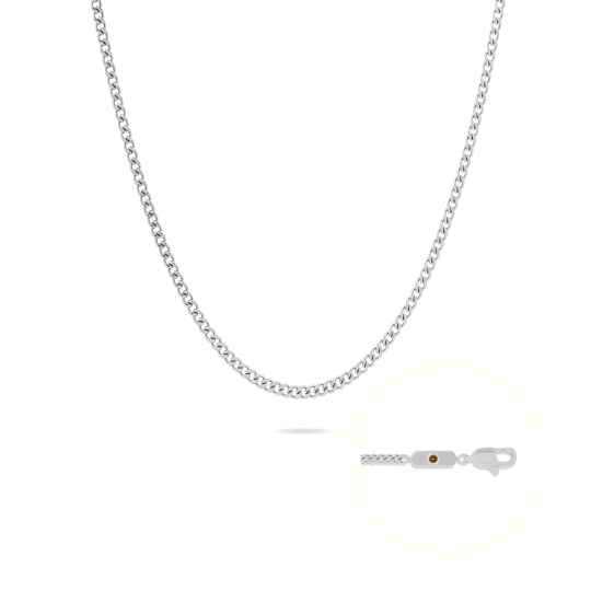 10K witgouden 2 mm gepersonaliseerde geboortesteen schakelketting, verkrijgbaar in lengtes van 16 tot 30 cm.