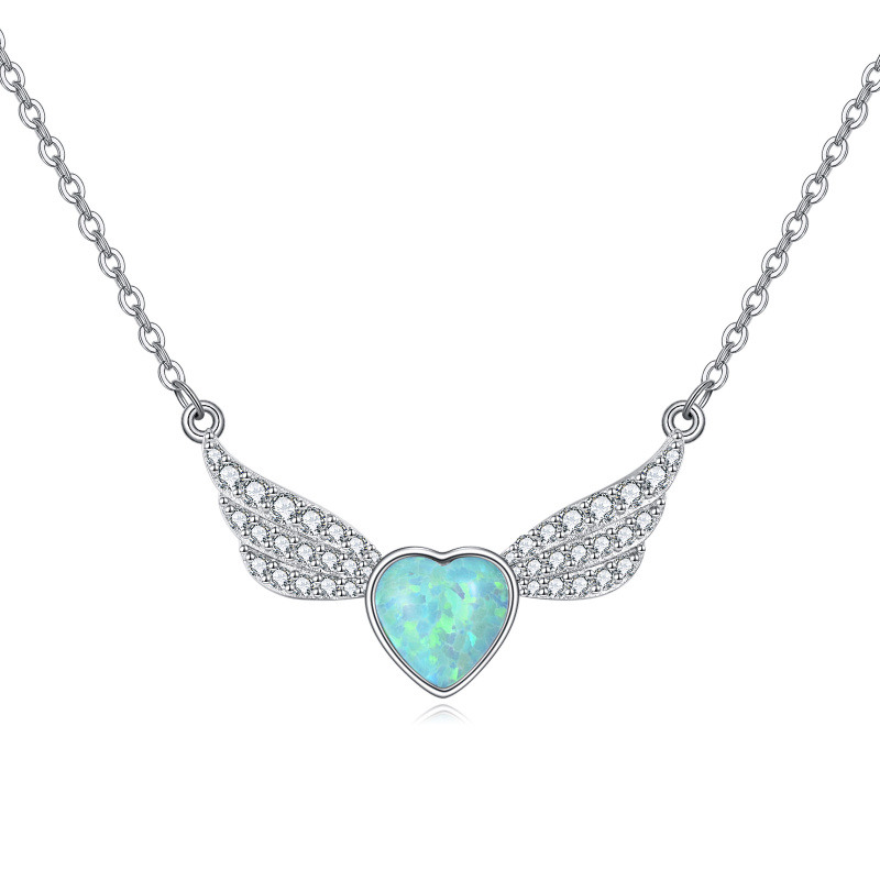 Collier pendentif aile d'ange en or blanc 14 carats, zircon cubique et opale-1