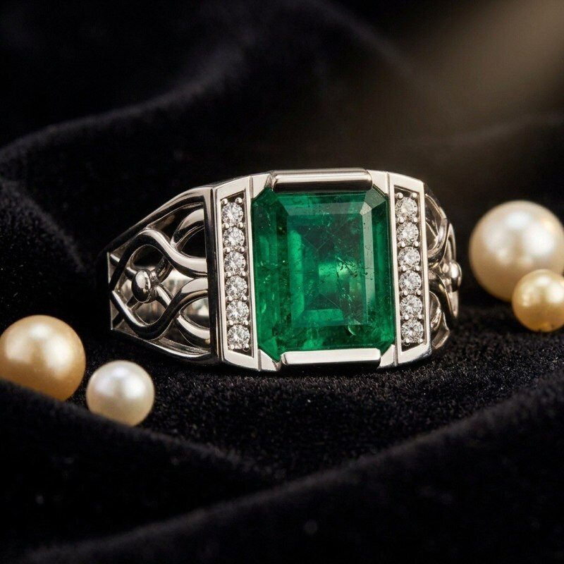 10K Or Blanc Pierre d'Émeraude Taille Émeraude Bague de Fiançailles Personnalisée pour Femme-3