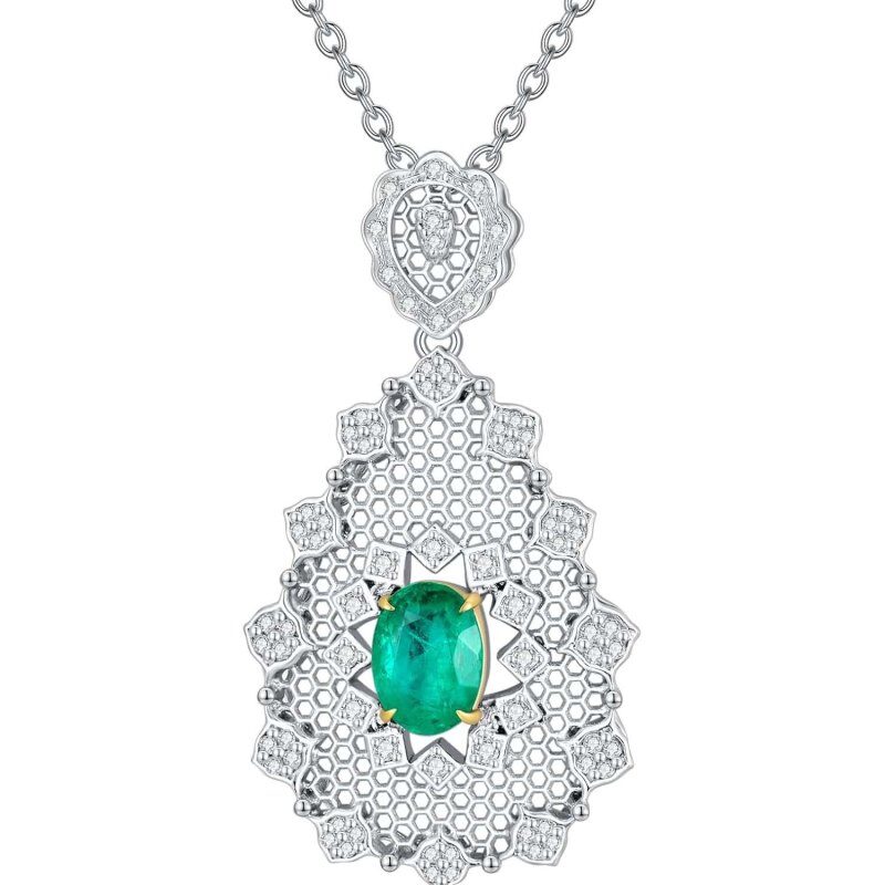 Collier carré en or blanc 10 carats avec émeraude, cadeau de fiançailles ou de mariage pour elle-1