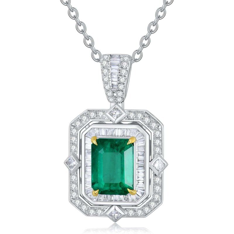 Collar de cadena rolo cuadrada con esmeralda en oro blanco de 10 quilates para mujer-1