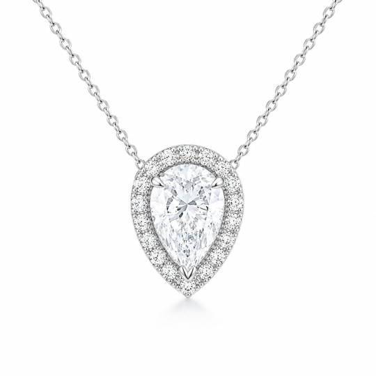 Collares con halo de diamantes cultivados en laboratorio con talla de corazón en oro blanco de 14 quilates