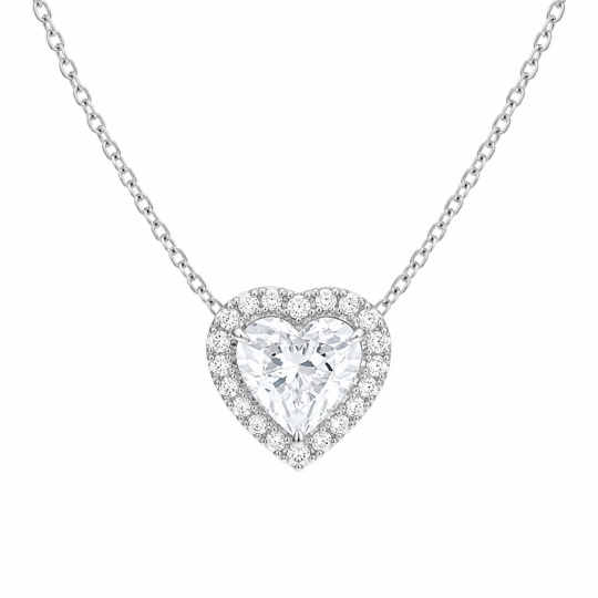 Collares con halo de diamantes cultivados en laboratorio con talla de corazón en oro blanco de 14 quilates