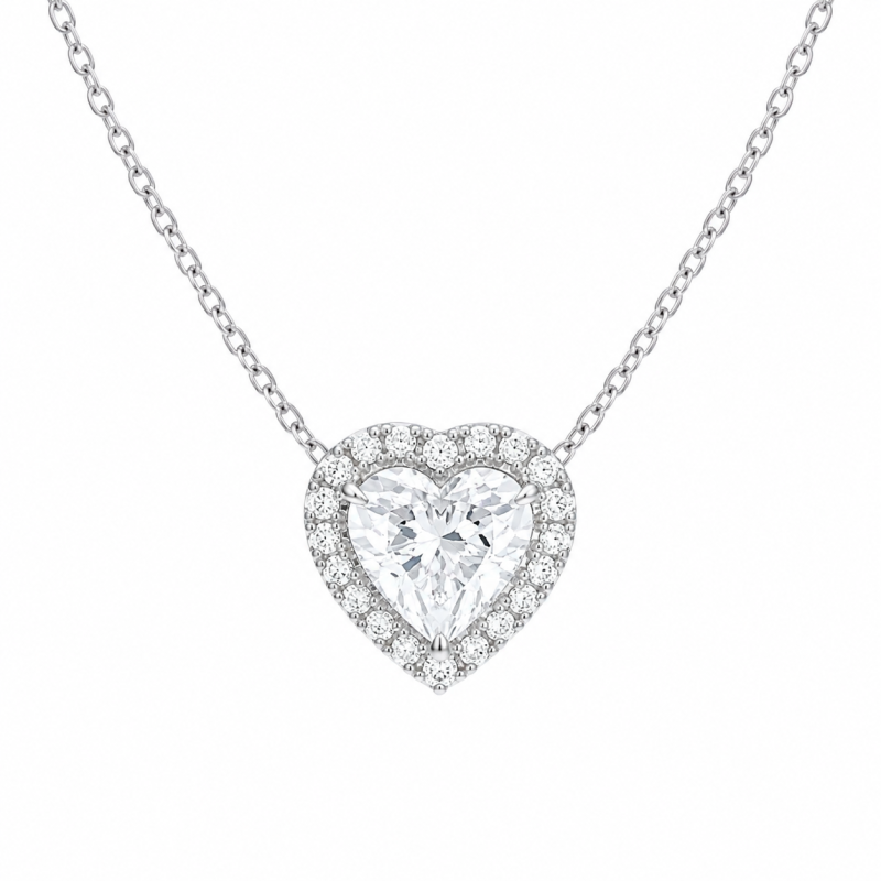 Collares con halo de diamantes cultivados en laboratorio con talla de corazón en oro blanco de 18 quilates-1