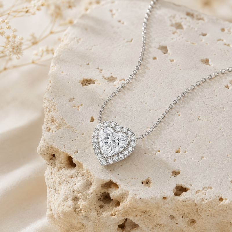 Collares con halo de diamantes cultivados en laboratorio con talla de corazón en oro blanco de 18 quilates-3