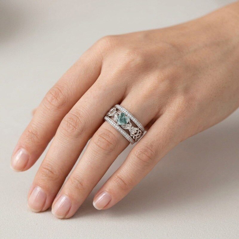 14K White Gold Heart Cut Moss Agate Claddagh & Heart Statement Ring for Women-2