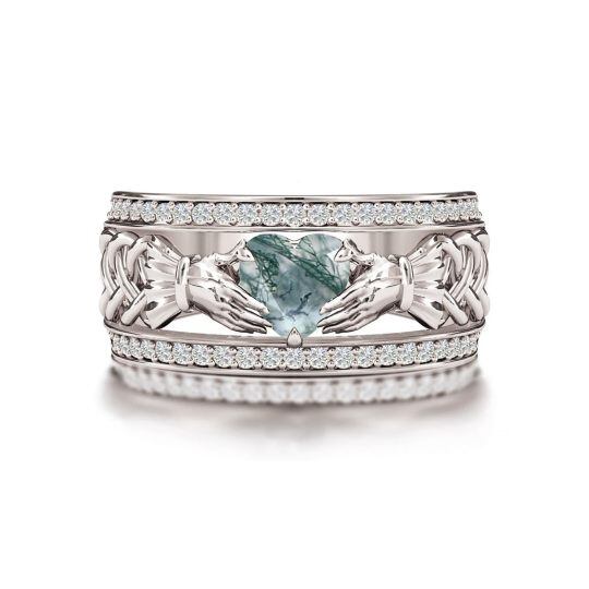 10K White Gold Heart Cut Moss Agate Claddagh & Heart Statement Ring for Women