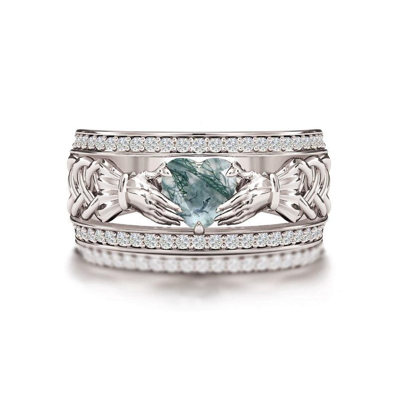 Anillo de declaración con corazón y Claddagh, en ágata musgo tallada en forma de corazón, en oro blanco de 14 quilates, para mujer-19