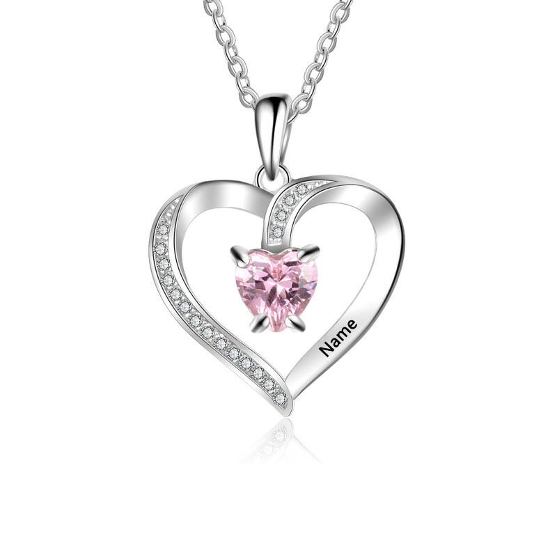 14K White Gold Heart Cut Personalized Birthstone Engraving & Mother Pendant Necklace-1