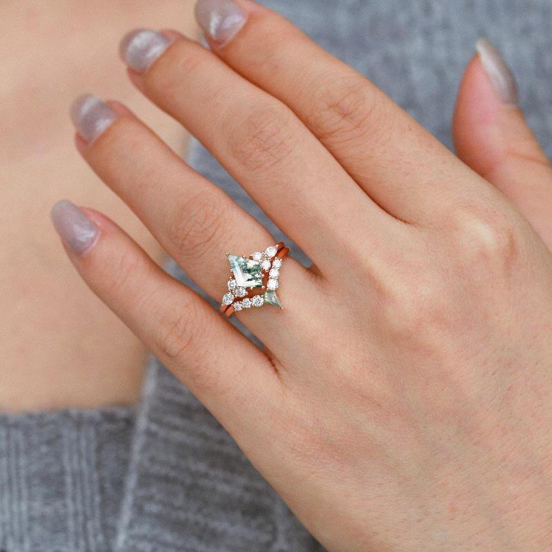 10K White Gold Kite Cut Moissanite & Moss Agate Engagement Ring-2