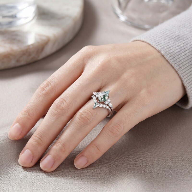 10K White Gold Kite Cut Moissanite & Moss Agate Engagement Ring-3