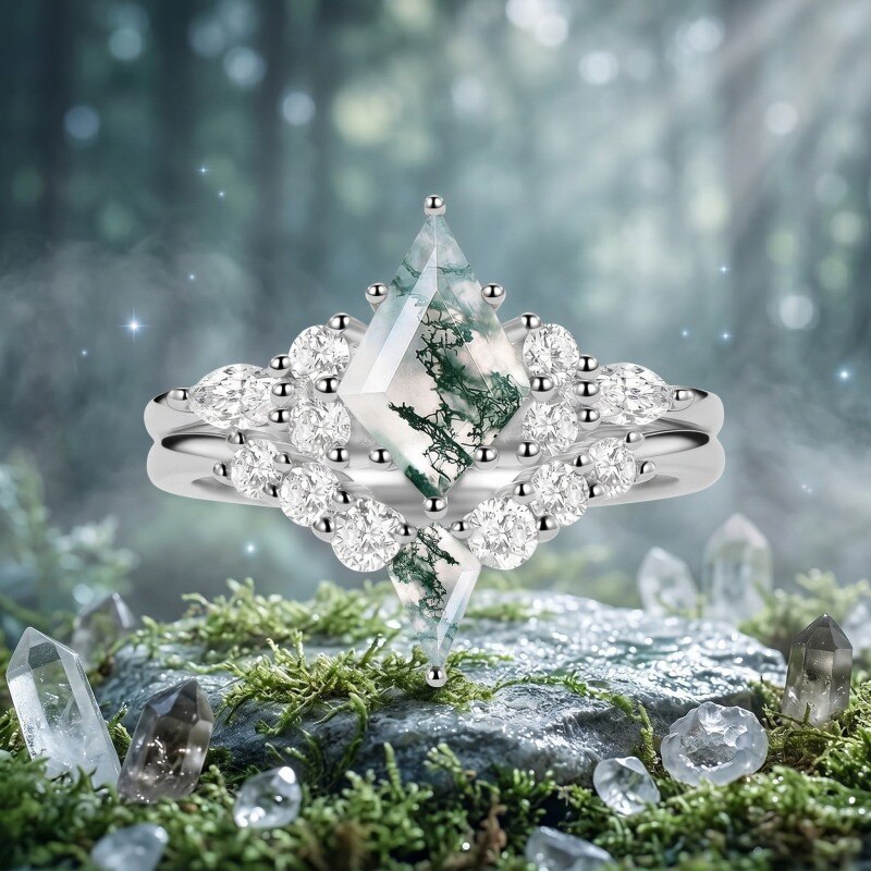 10K White Gold Kite Cut Moissanite & Moss Agate Engagement Ring-4