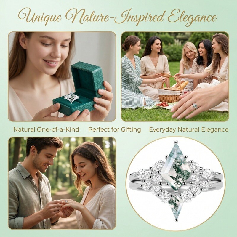 10K White Gold Kite Cut Moissanite & Moss Agate Engagement Ring-5